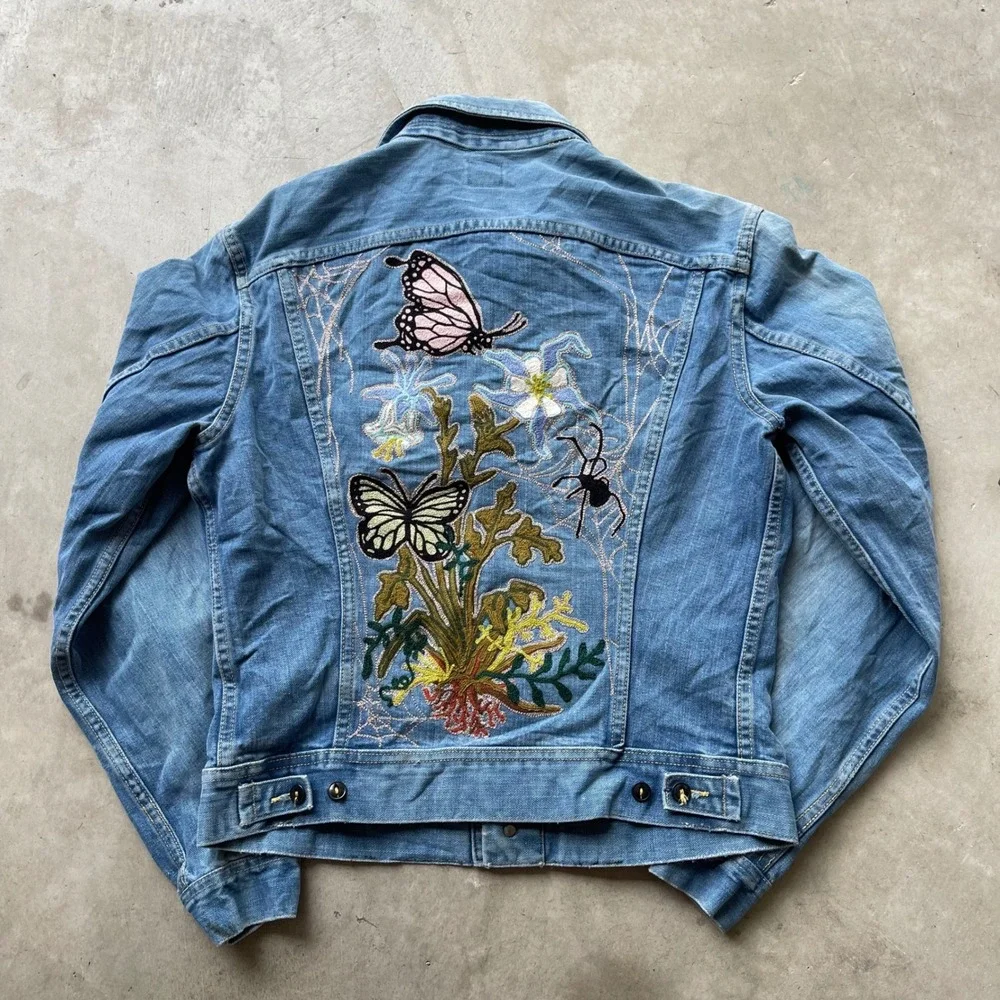 Vintage 70s Lee 101J Denim Jacket Chain Stitch Butterfly Embroidery Blue Mens